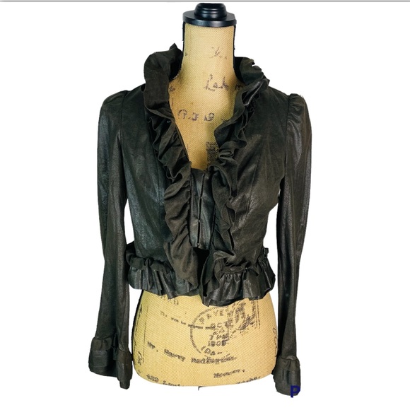 INC International Concepts Tops - INC International Concepts Women Brown Liquid Leather Ruffled Crop. Jacket Small